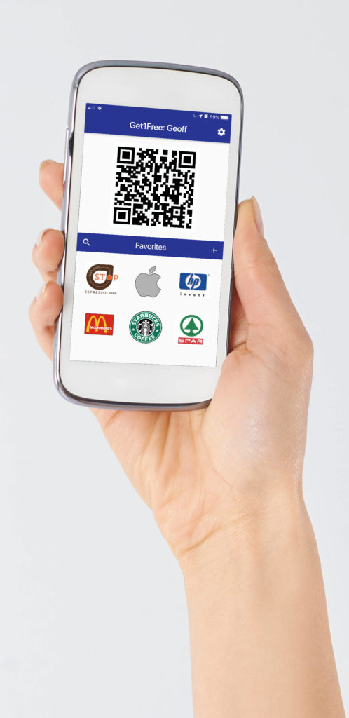 Screenshot of Get One Free Club app on phone held in hand